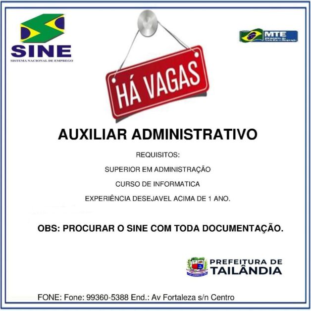 Prefeitura de Tailândia divulga oportunidades de emprego