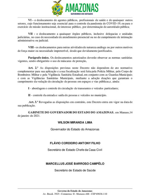 Governo do Amazonas decreta toque de recolher no estado