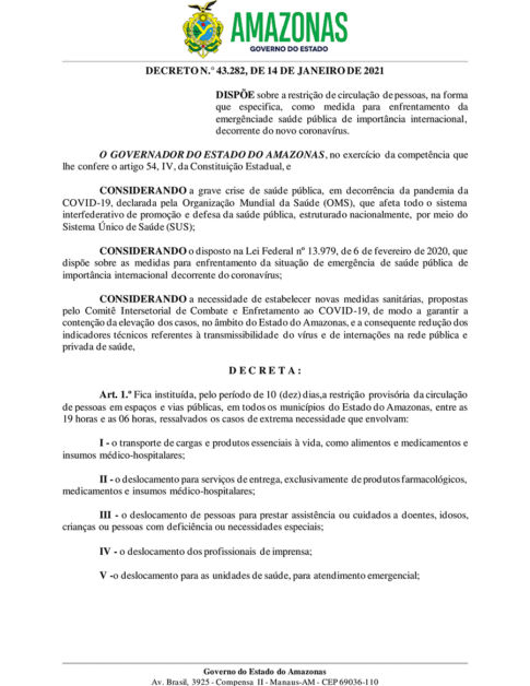 Governo do Amazonas decreta toque de recolher no estado