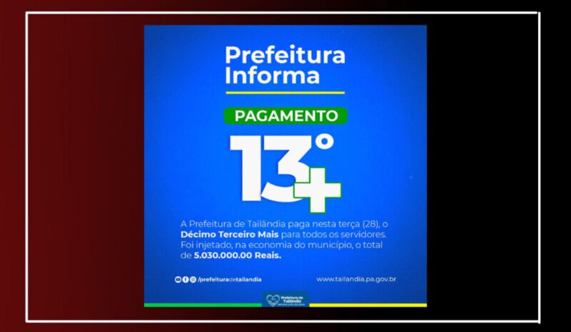 Prefeitura de Tailândia paga nesta terça-feira (28) o "13º MAIS" para todos os servidores