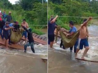 Confira: no Pará homem tem AVC e é levado dentro de rede através de uma ponte quebrada.