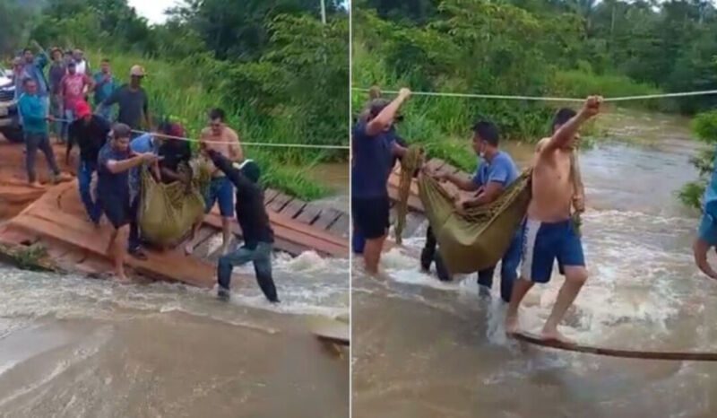 Confira: no Pará homem tem AVC e é levado dentro de rede através de uma ponte quebrada.