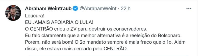 "ou é com Lula, ou a gente continua piorando", declara Weintraub criticando as alianças do presidente Jair Bolsonaro