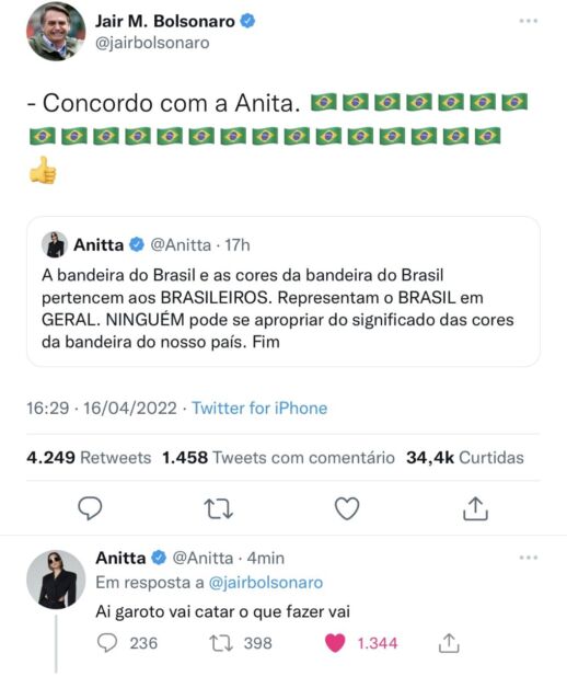 “Vai catar o que fazer” Anitta bloqueia o presidente Bolsonaro após comentário irônico no Twitter