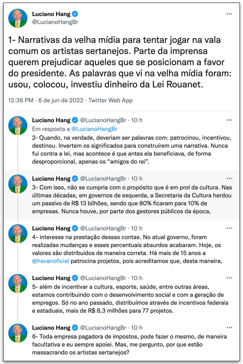 Tweets de Luciano Hang sobre “CPI do sertanejo”. 