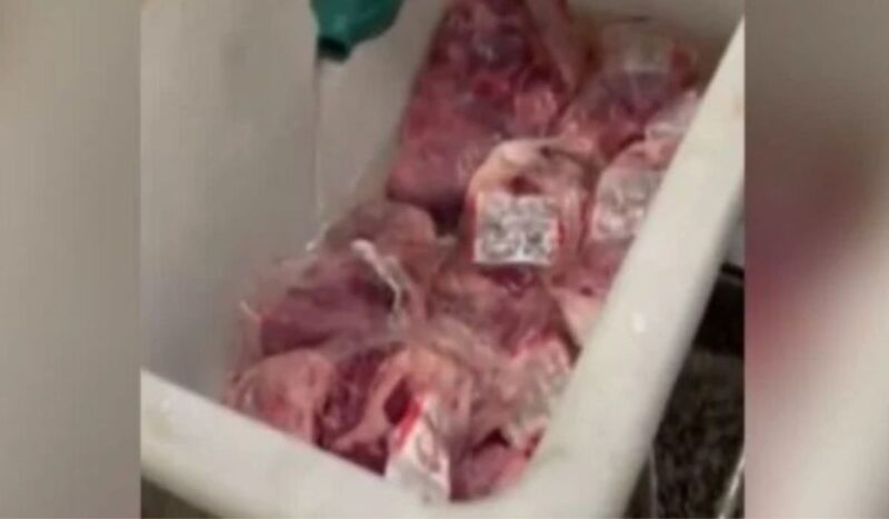 ASSISTA: Funcionário de mercado joga cloro em carne com larvas