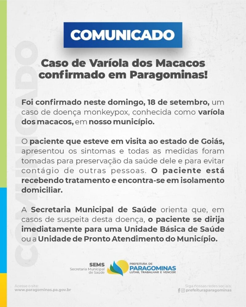 Comunicado: Caso de varíola dos macacos é confirmado em Paragominas