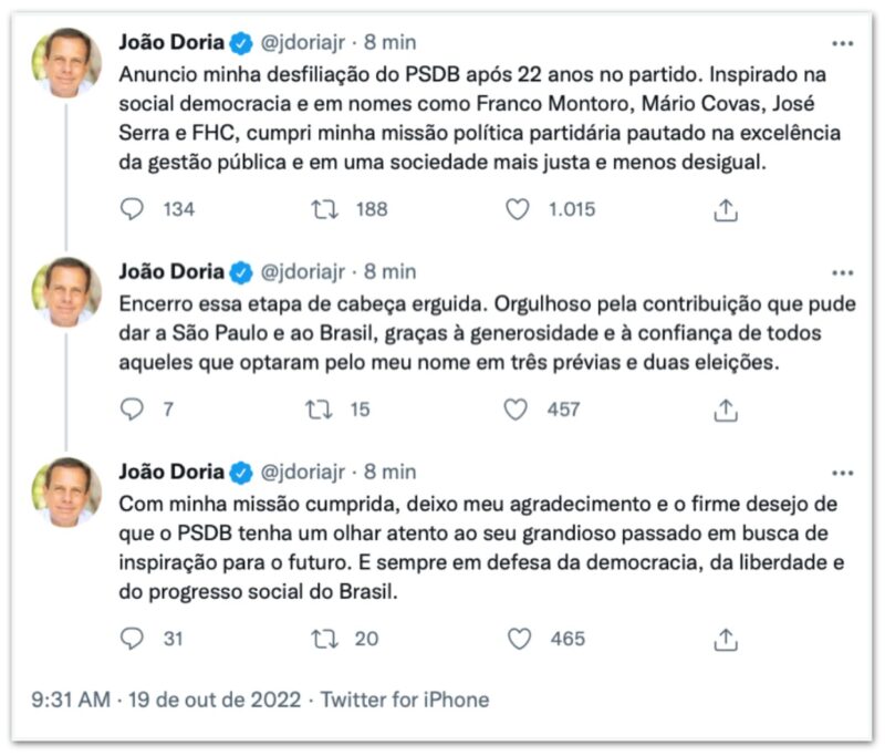 João Doria anuncia desfiliação do PSDB