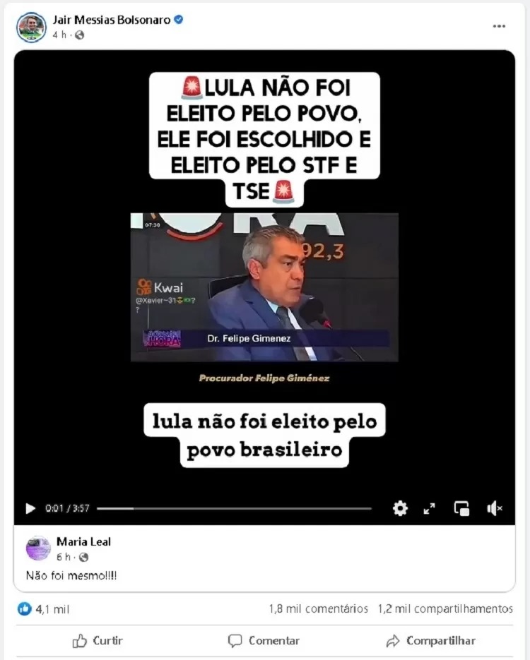 Bolsonaro posta e apaga vídeo com fake news questionando eleição de Lula