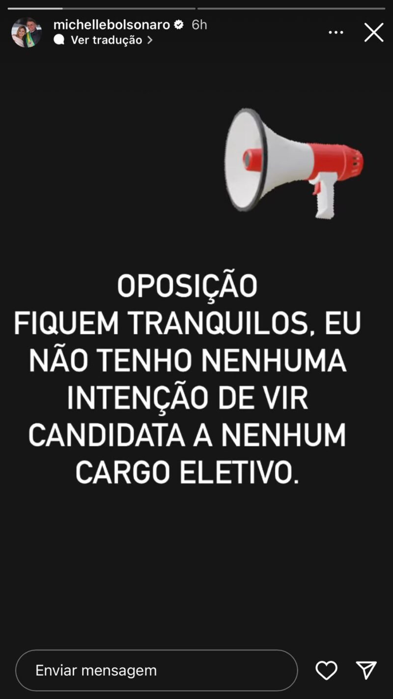 Michelle Bolsonaro diz não ter “nenhuma intenção” de ser candidata em 2026