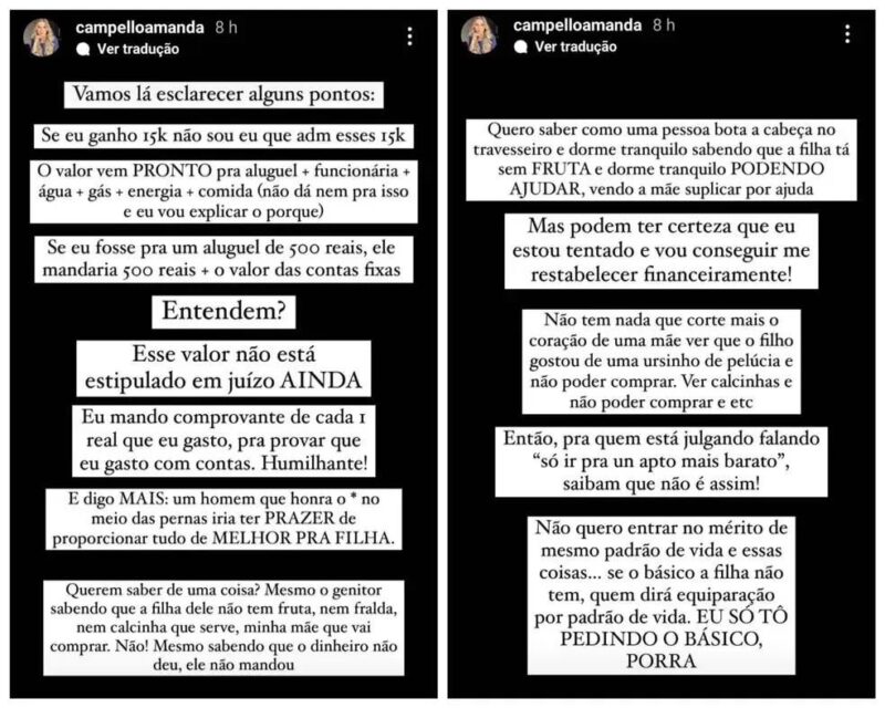 Influencer critica ex e reclama da pensão de R$ 15 mil.