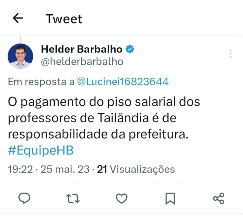 Governador Helder Barbalho esclarece que o piso do professores de Tailândia é de responsabilidade da Prefeitura