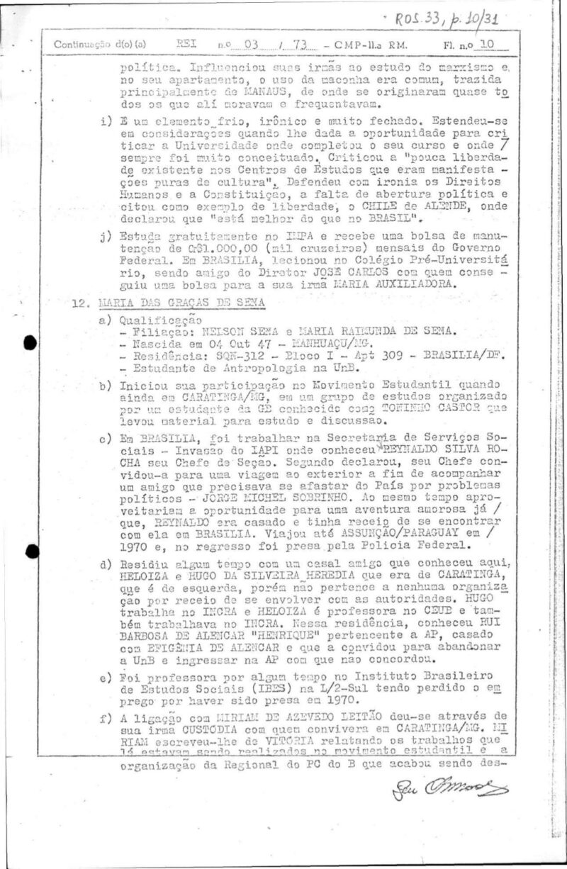 Ficha de Prisão da jornalista Miriam Leitão em 1972; Ditadura Militar