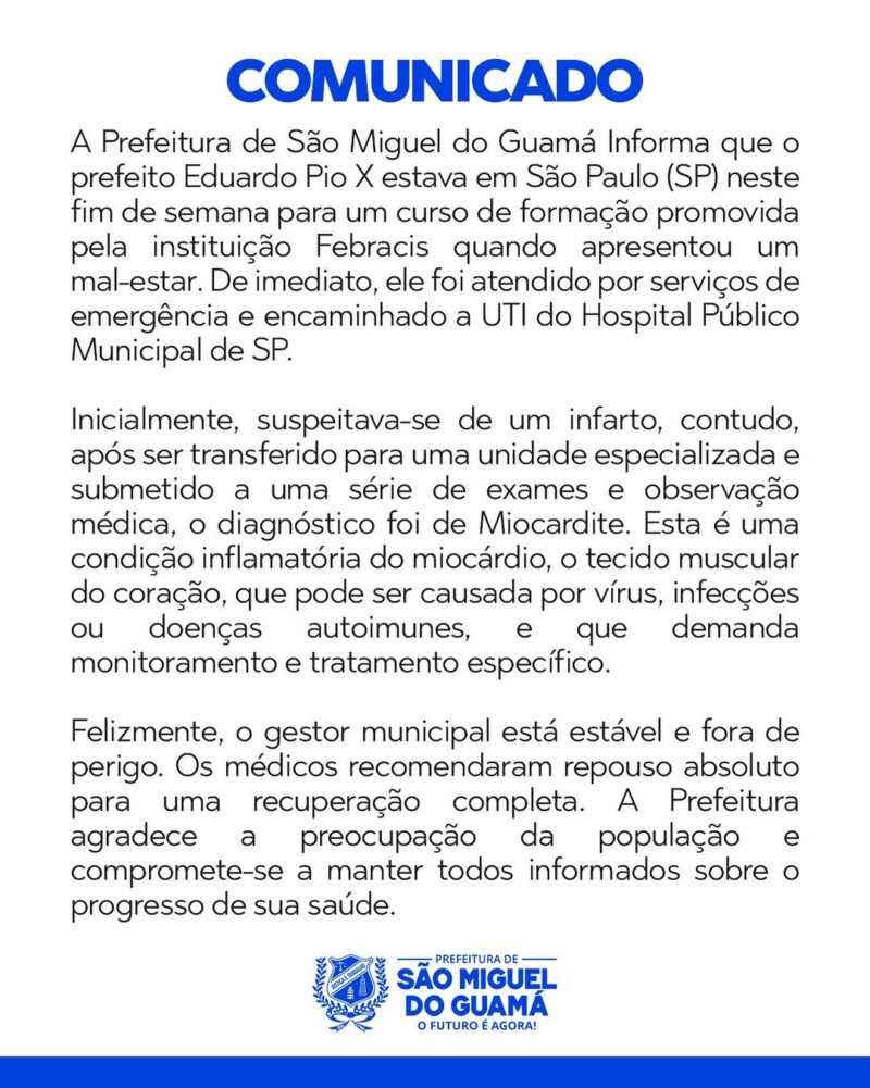 Prefeito Eduardo Pio X é diagnosticado com Miocardite após mal-estar durante viagem