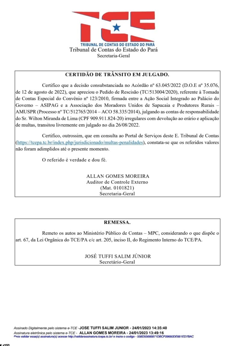 DECISÃO TRANSITADO E JULGADO WILTON LIMA PREFEITO