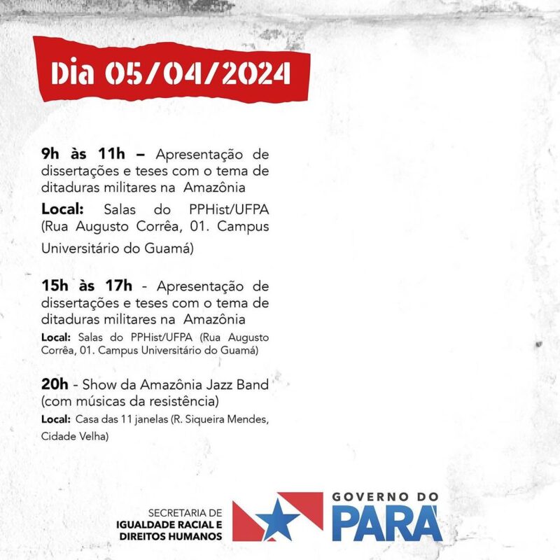 Governo do Pará realizará seminário dos "60 anos do Golpe Militar de 1964”