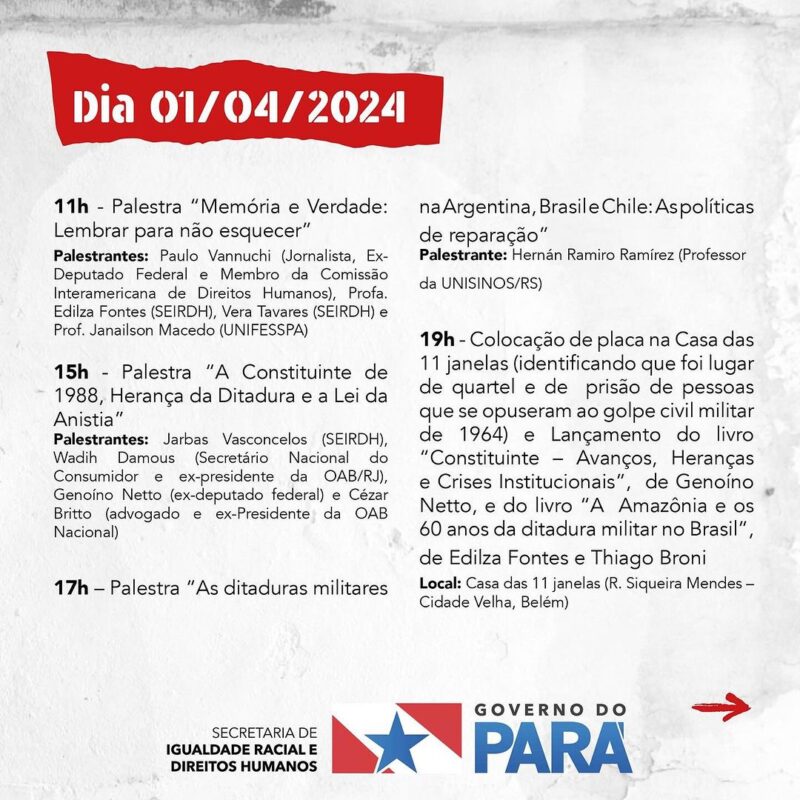 Governo do Pará realizará seminário dos "60 anos do Golpe Militar de 1964”