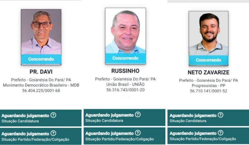 Os 3 candidatos a prefeito de Goianésia do Pará confirmados no TSE