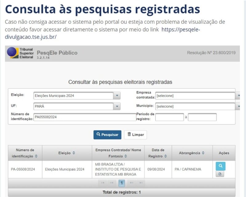 REGISTRO DA PESQUISA NO TSE