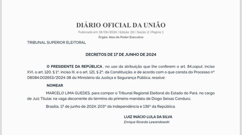 Em 17 de junho de 2024, o advogado Marcelo Guedes era nomeado Juiz Titular do TRE-PA pelo Presidente da República