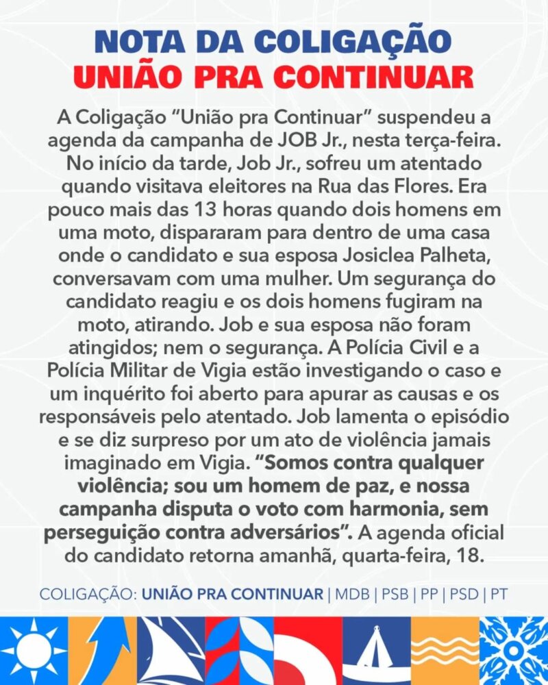 Prefeito de Vigia e candidato à reeleição, Job Júnior, sofre atentado a tiros