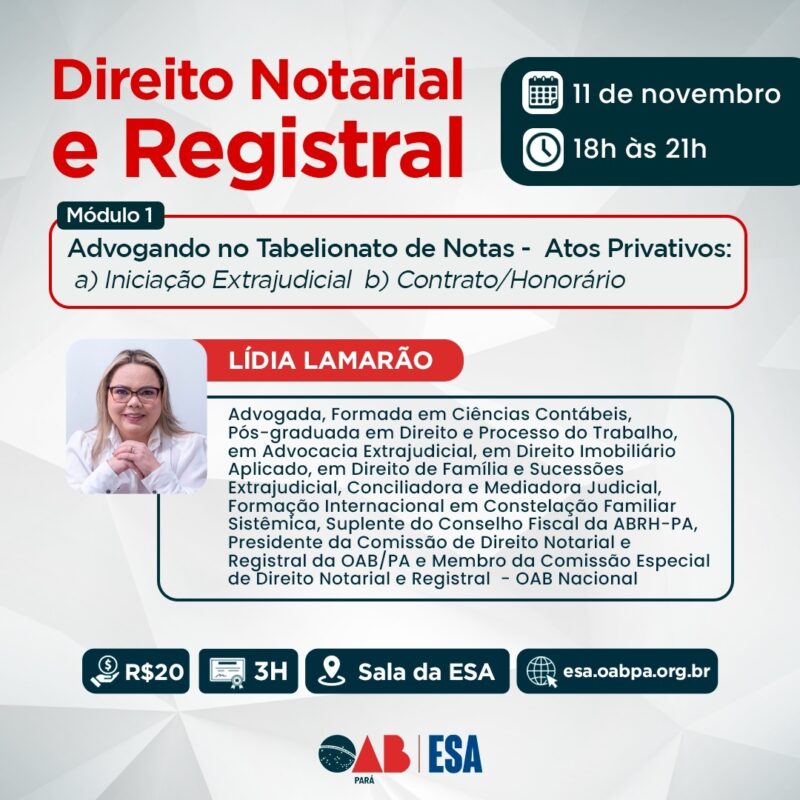 ESA/PA promove o "Curso de Direito Notarial e Registral"; CONFIRA