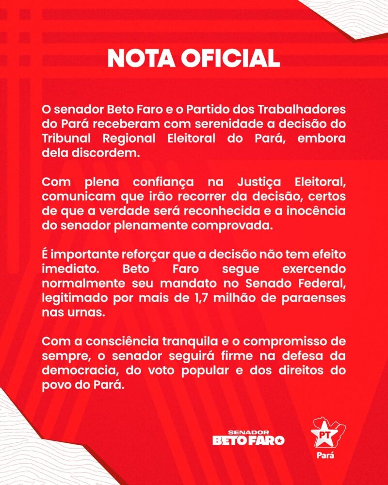 Cassado, senador Beto Faro (PT) permanece no cargo e recorrerá ao TSE