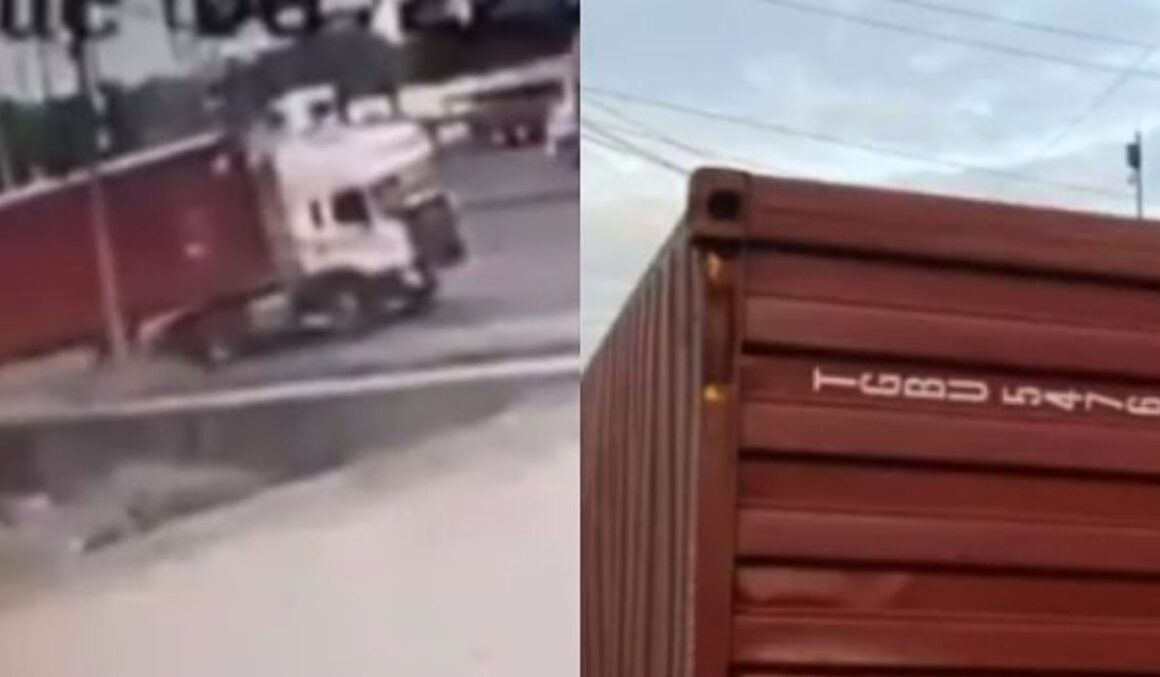 IMAGENS FORTES: Mulher morre esmagada por contêiner que se desprendeu de caminhão