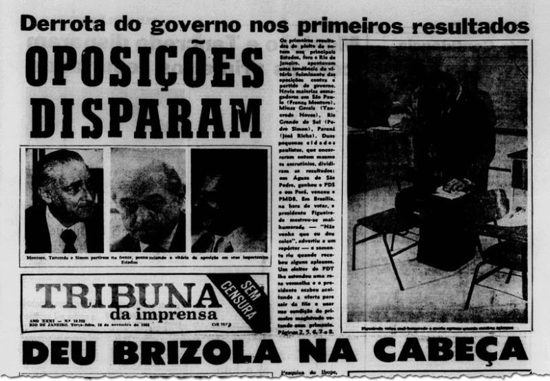 No dia seguinte ao pleito de 1982, o jornal Tribuna da Imprensa noticiava a vitória de governadores da oposição Reprodução/Biblioteca NacionalFonte: Agência Senado
