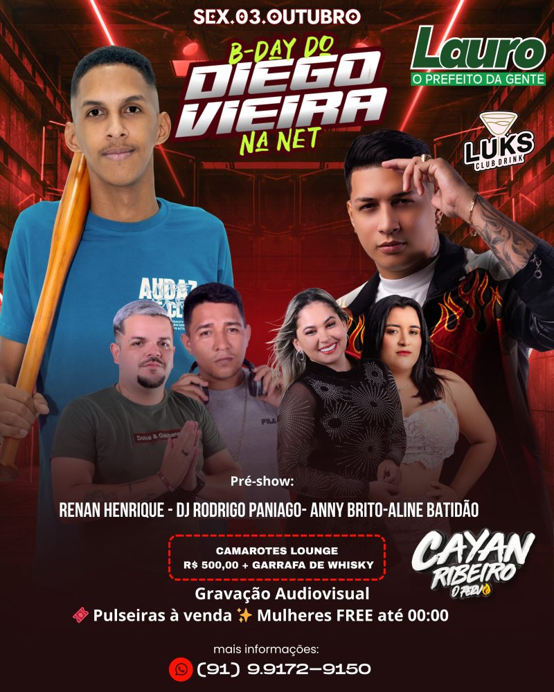 Diego Vieira na Net prepara festa de aniversário histórica no Luks CLUB com atrações de peso e apoio do prefeito Lauro Hoffmann