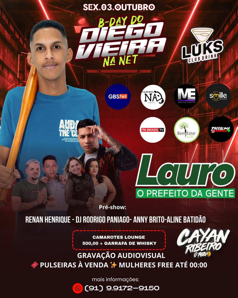 Diego Vieira na Net prepara festa de aniversário histórica no Luks CLUB com atrações de peso e apoio do prefeito Lauro Hoffmann