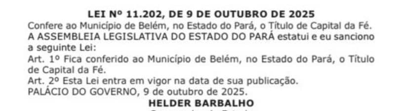 Agora é Lei: Belém é oficialmente declarada "Capital da Fé" por projeto de Eliel Faustino