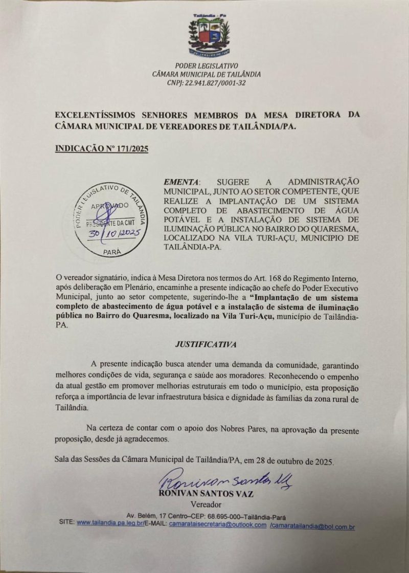 Tailândia: Roni Baiano propõe implantação de sistema de água potável e iluminação pública na Vila Turi-Açu