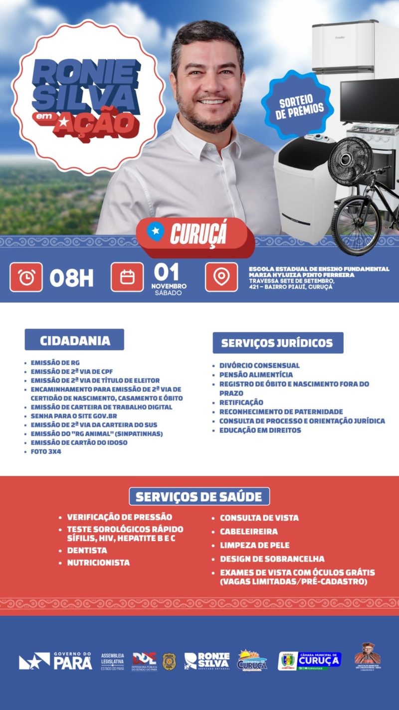 Deputado Ronie Silva leva serviços gratuitos de cidadania, saúde e assistência jurídica a Curuçá