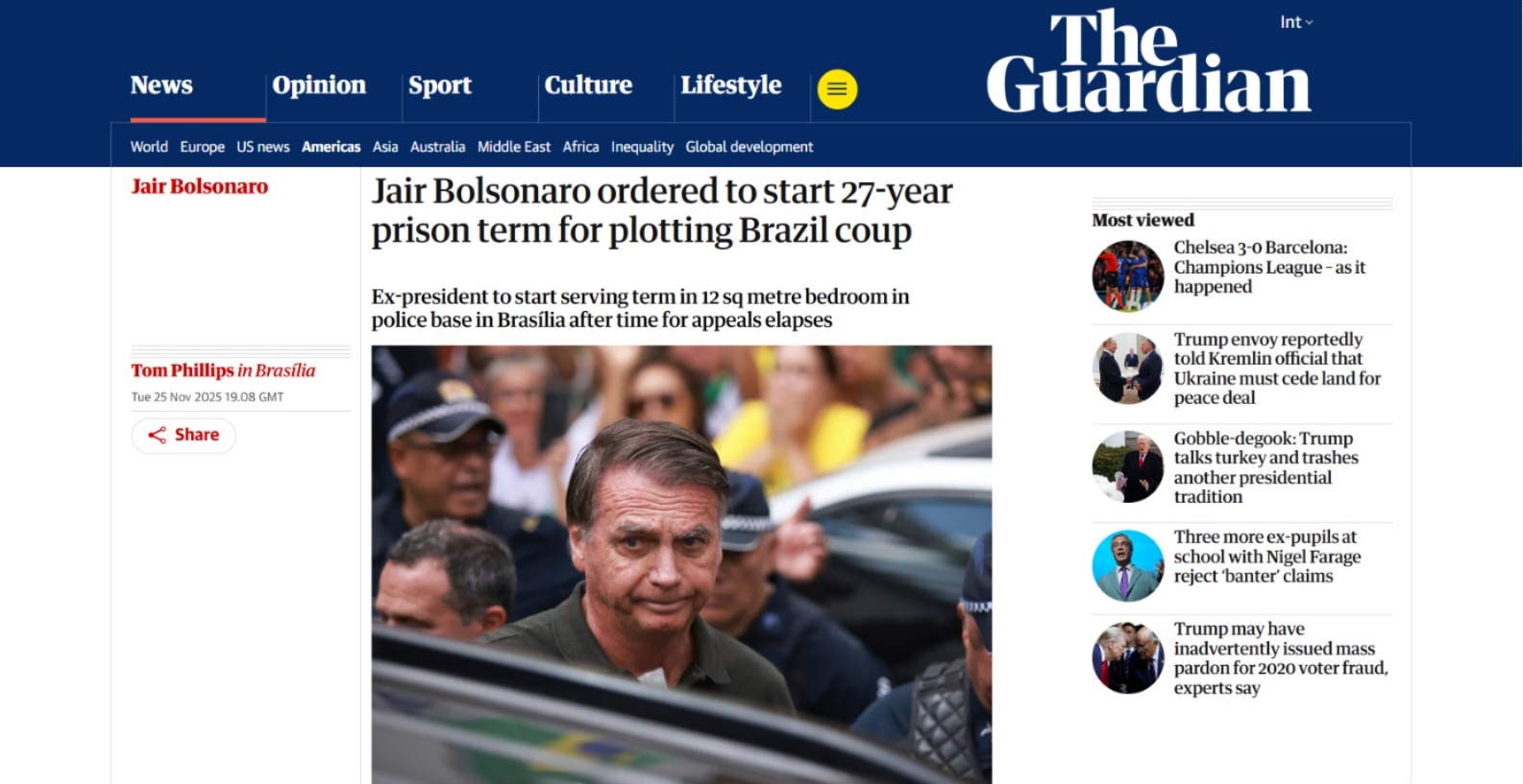 The Guardian: Jair Bolsonaro é condenado a iniciar pena de 27 anos de prisão por conspiração para golpe de Estado no Brasil.