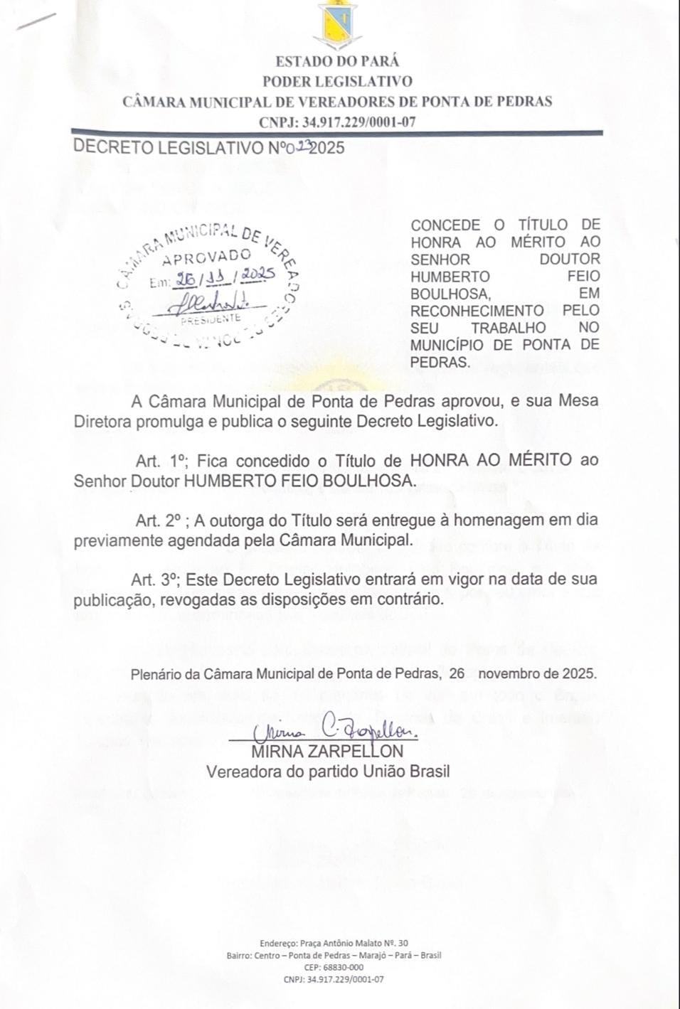Câmara de Ponta de Pedras concede Título de Honra ao Mérito ao advogado Humberto Boulhosa