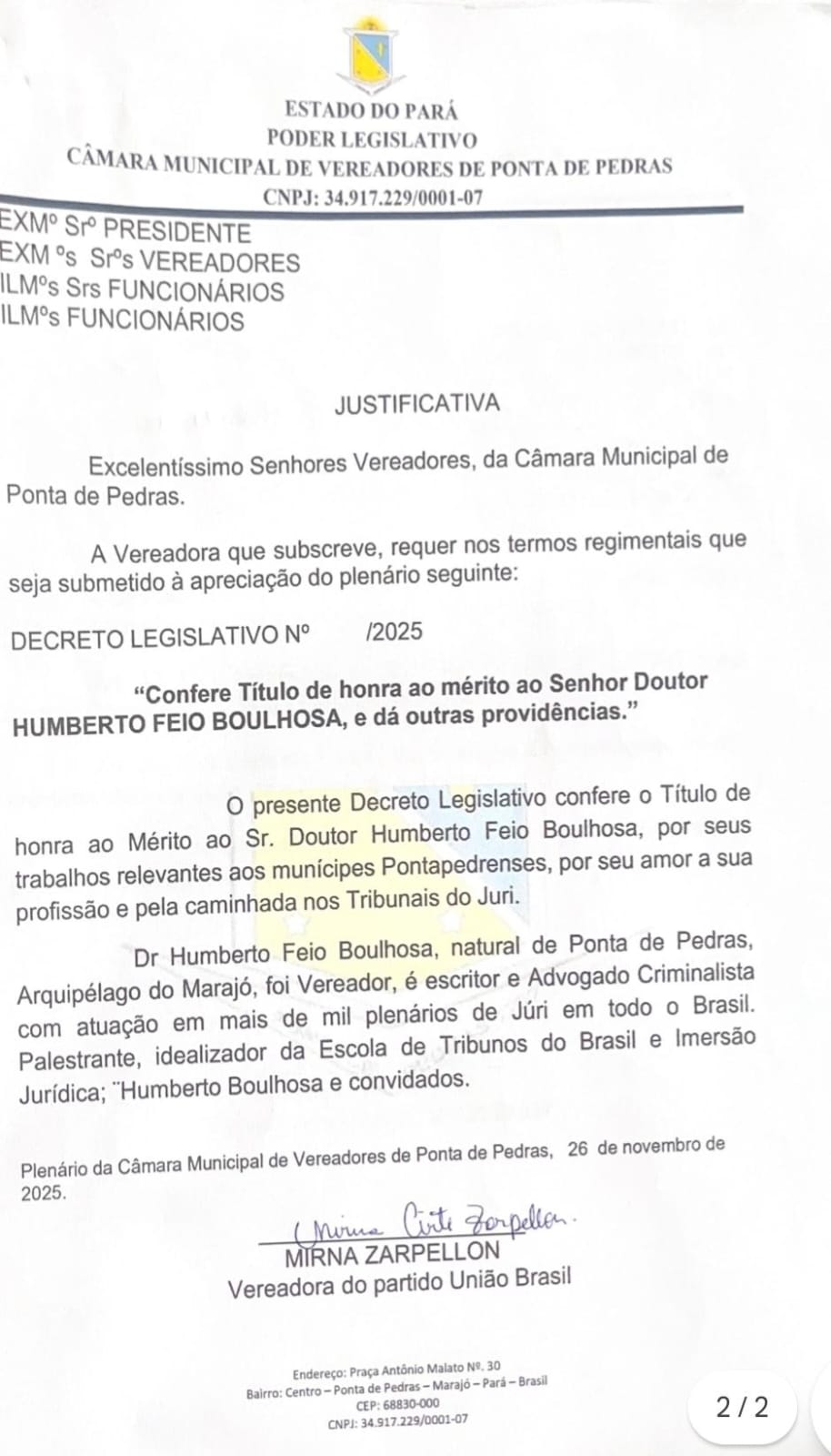 Câmara de Ponta de Pedras concede Título de Honra ao Mérito ao advogado Humberto Boulhosa