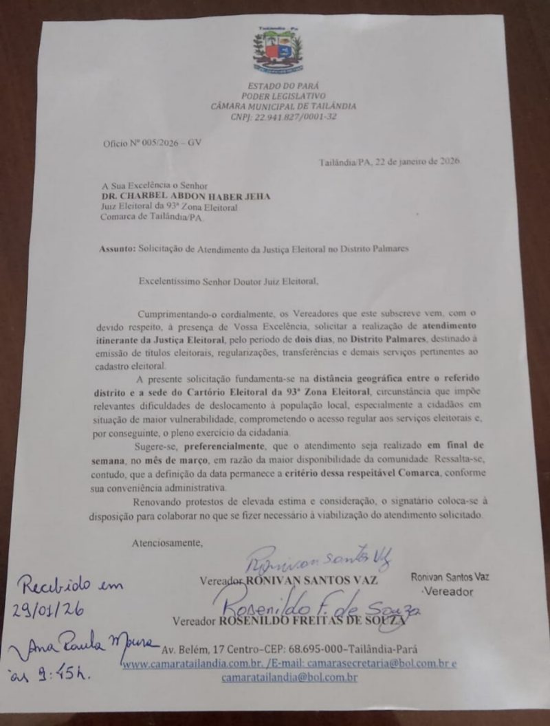 Tailândia: Roni Baiano solicita atendimento itinerante da Justiça Eleitoral em Palmares