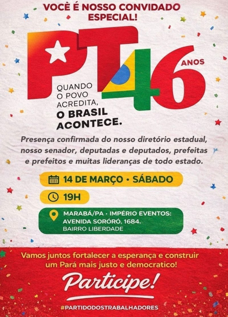PT do Pará celebra 46 anos em Marabá e fortalece nome de Dirceu como pré-candidato majoritário do partido