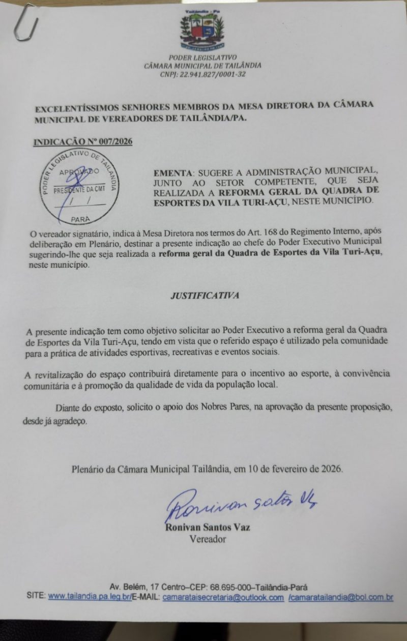Vereador Roni Baiano apresenta indicação para reforma da quadra da Vila Turi-Açu