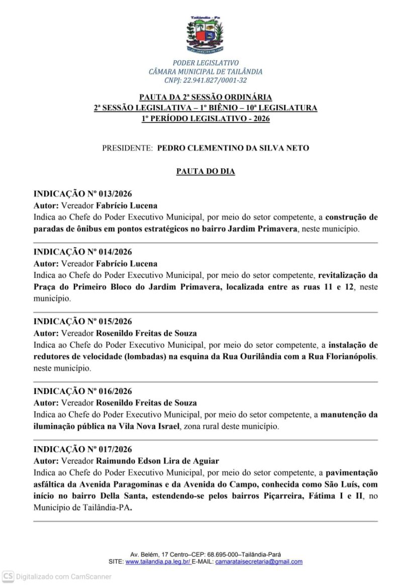 Câmara de Tailândia terá oito indicações em pauta na sessão desta quinta (5)