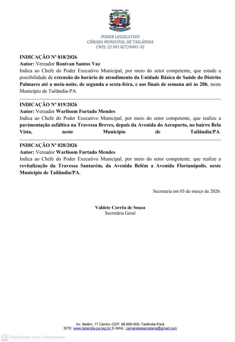 Câmara de Tailândia terá oito indicações em pauta na sessão desta quinta (5)