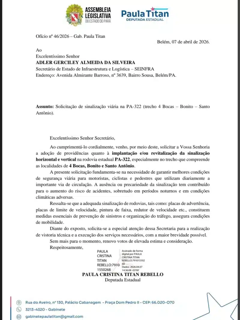 Mandato da deputada Paula Titan articula melhorias na sinalização da PA-322