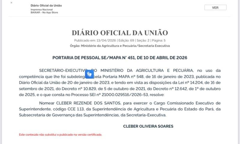 Cleber Rezende novo Superintendente da Superintendência de Agricultura e Pecuária do Estado do Pará