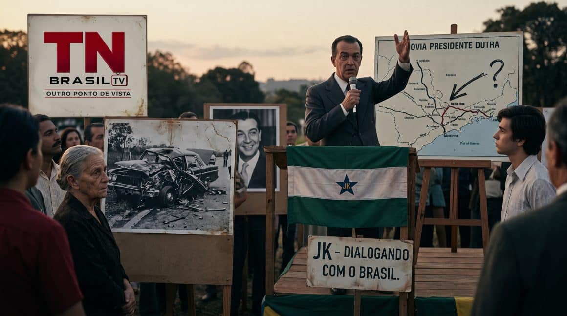 Relatório aponta que Juscelino Kubitschek (JK) foi assassinado pela Ditadura Militar no Brasil Palanque político com orador discursando sobre o acidente de carro de Juscelino Kubitschek, com a logomarca da TN Brasil TV, mapa da Rodovia Presidente Dutra, cartaz "JK - Dialogando com o Brasil" e fotografia do veículo destruído.
