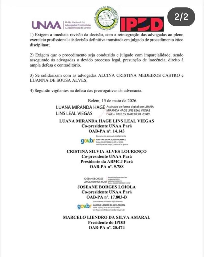 UNAA, ABMCJ e IPDD repudiam decisão da OAB-PA que afastou advogadas criminalistas