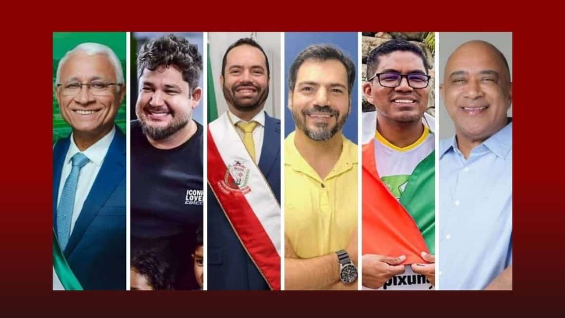 Diálogo, trabalho e articulação política: O que une essas gestões de destaque no Pará? Infográfico vertical ou fotografia com o mosaico de fotos dos seis prefeitos do interior do Pará citados na matéria, dispostos lado a lado sobre um fundo institucional em tons de azul e cinza-escuro com o logotipo do portal TN Brasil TV.