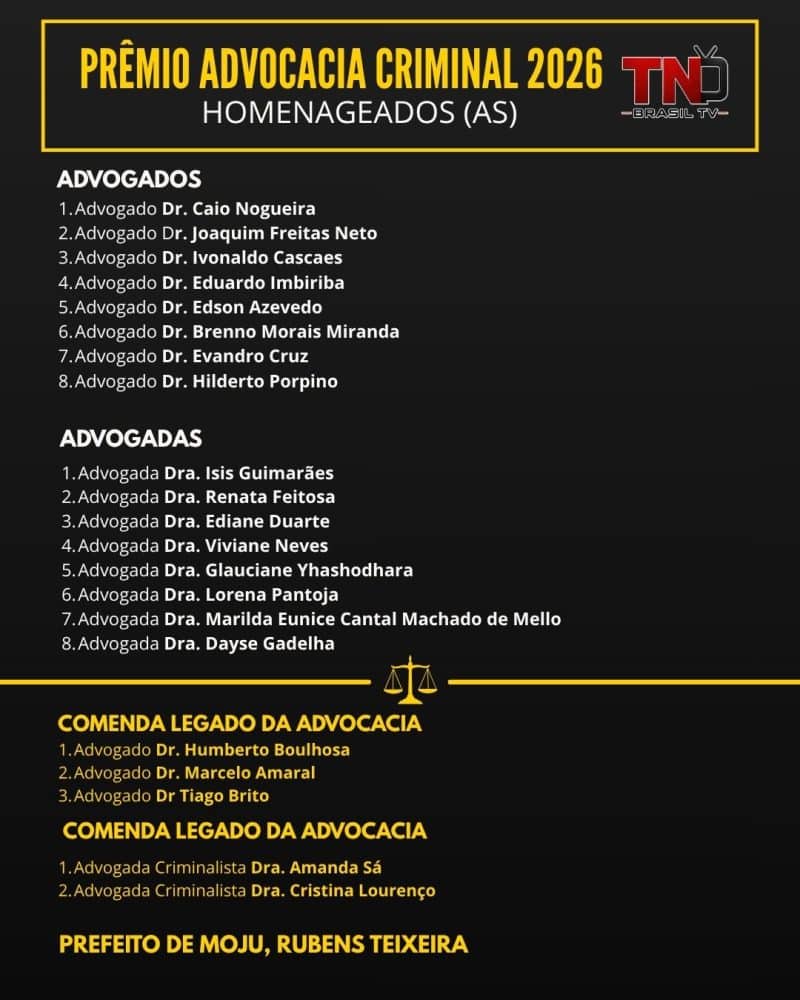 Prêmio Advocacia Criminal 2026 reunirá homenageados em evento da TN Brasil TV