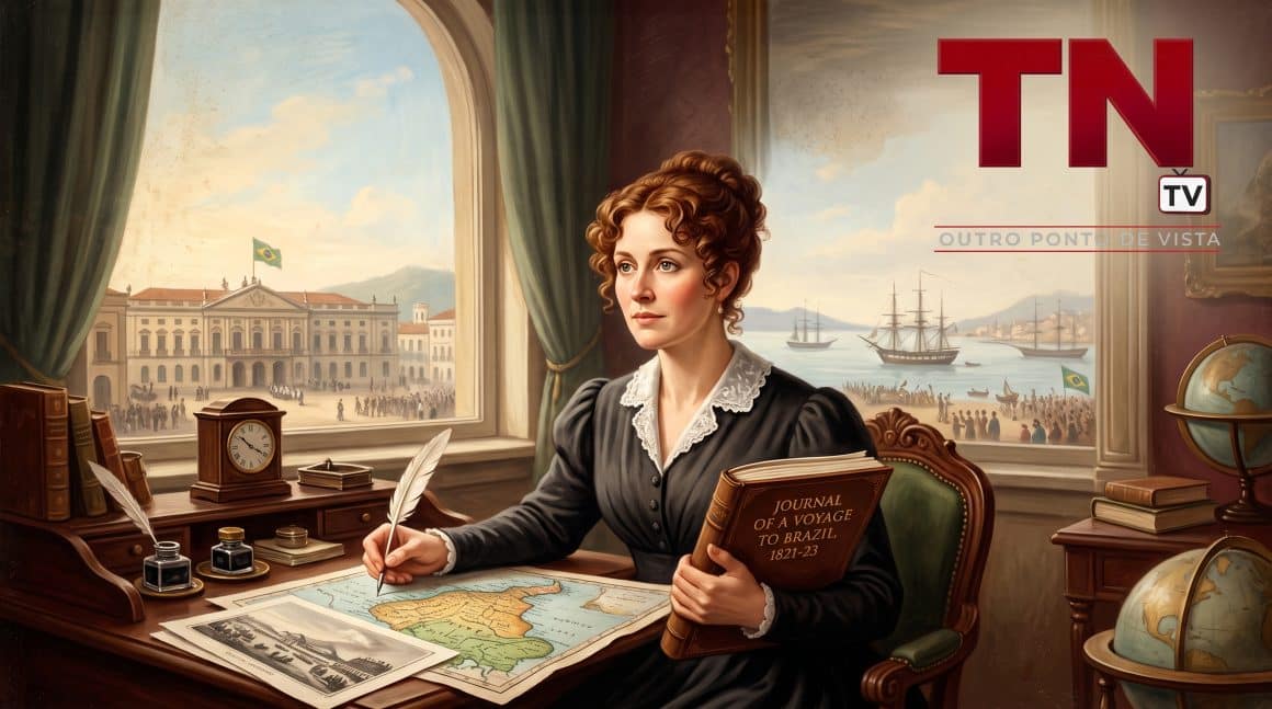 Maria Graham: A cronista britânica que registrou a Independência do Brasil Ilustração em estilo clássico do século 19 retratando Maria Graham sentada em uma escrivaninha de madeira diante de uma janela arqueada. Ela segura uma pena e um livro com a inscrição "Journal of a Voyage to Brazil, 1821-23". Pela janela, vê-se a vista do Rio de Janeiro Imperial, com navios no mar, o Paço Imperial e a bandeira do Brasil. No topo da imagem, há um pergaminho com o título "Maria Graham: A cronista britânica que registrou a Independência do Brasil" e o logotipo vermelho da TN Brasil TV no canto superior direito.