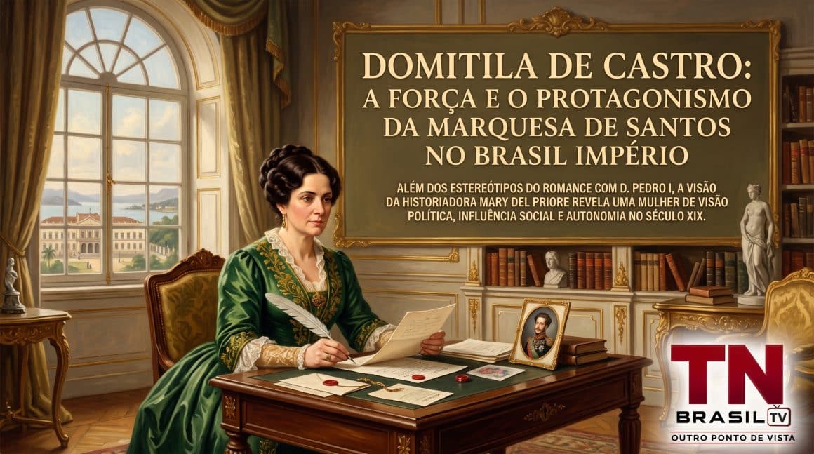 Domitila de Castro: A força e o protagonismo da Marquesa de Santos no Brasil Império Ilustração em estilo de pintura a óleo retratando Domitila de Castro em um salão do Brasil Império, vestindo um traje verde e dourado enquanto trabalha com documentos em uma escrivaninha. Ao fundo, uma janela mostra a vista do Rio de Janeiro do século 19. No topo da imagem, um quadro dourado exibe o título "Domitila de Castro: A força e o protagonismo da Marquesa de Santos no Brasil Império". No canto inferior direito, consta o logotipo da TN Brasil TV.